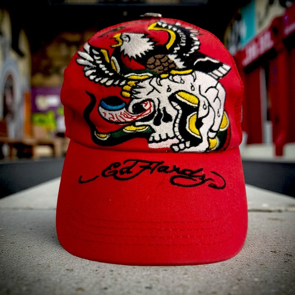 Ed Hardy Vintage Red Embroidered Trucker Hat